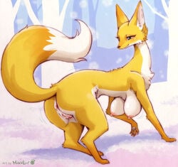 all_fours anus big_breasts breasts busty_feral canid canine female feral forest fox fur genitals hi_res kemono looking_back mammal melonleaf nipples pussy simple_background solo tree white_body white_fur yellow_body yellow_fur