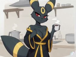 ai-created ai_animation ai_assisted ai_generated anthro black_robe cleavage cleavage_cutout coffee coffee_mug furry pokemon red_eyes robe robe_only rubbing_breasts seductive_eyes seductive_look seductive_smile shyunchained stean tagme umbreon video