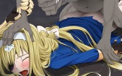 alice_zuberg ass blonde_hair blue_eyes blush crying crying_while_penetrated defeated eyeless_male eyepatch female from_behind goblin goblin_male hair_ornament hand_on_head inserting long_hair male no_panties nopan on_floor one_eye_covered open_mouth rape raped_by_monster restrained sex small_dom_big_sub sword_art_online sword_art_online:_alicization teitetsu_kishidan tied_hair torn_clothes