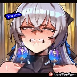 1girls ai_generated annoyed annoyed_expression bronya_zaychik caption comic comic_page gritted_teeth honkai:_star_rail image_set ladyfubuki under_the_table