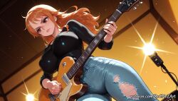 2026 ai_generated anime black_shirt blue_pants breasts brown_eyes cleavage closed_mouth covered_nipples crossover denim electric_guitar female female_focus female_only from_below guitar highres holding holding_instrument huge_breasts indoors inside instrument jeans large_breasts lips long_hair long_sleeves looking_down low_angle microphone music nami_(one_piece) neutral_expression nsfw one_piece orange_hair pants patreon patreon_username playing_instrument rognezart shirt solo torn_clothes torn_jeans torn_pants very_long_hair watermark
