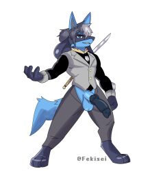absurd_res animal_genitalia animal_penis anthro balls bared_fangs bared_teeth black_clothing black_penis blue_balls canine_genitalia canine_penis clothed clothing erection exposed generation_4_pokemon genitals grey_clothing grey_hair hair hi_res knot knotted_penis looking_at_viewer lucario lucario_suki male melee_weapon multicolored_hair nintendo partially_clothed penis pokemon pokemon_(species) sheath simple_background solo sword sword_on_back two_tone_hair weapon white_background