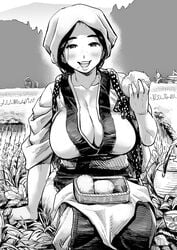 big_breasts breasts busty cleavage female female_focus female_only hourglass_figure ichiren japanese japanese_clothes large_breasts line_art monochrome outdoors overflowing_breasts rice sleeves_rolled_up tagme wide_hips