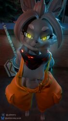 absurd_res anthro athletic athletic_anthro athletic_female bilac_(shangri-la_frontier) breasts breath brown_body brown_fur brown_hair clothed clothing erect_nipples female first_person_view fur glowing glowing_eyes hair hi_res lagomorph leporid looking_at_viewer mammal night nipples partially_clothed rabbit samtrix scarf shangri-la_frontier short_hair size_difference small_breasts smaller_female solo yellow_eyes