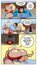 2026 2d_(artwork) 2girls bbw big_breasts boxes breast_smother bucket buckteeth carrying_boxes carrying_object darla_doofrain_(bargsilona) dialogue digital_drawing_(artwork) female lifeguard lifeguard_swimsuit light-skinned_female nadine_(bargsilona) oboithisisfunky one-piece_swimsuit original original_character original_characters pale pool puffy_hair red_swimsuit smothering swimsuit tagme tanned_female text_bubble water