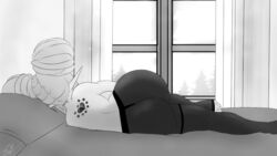 cyana_(p.m._seymour) elf greyscale hair_buns large_ass laying_down laying_on_bed leggings monochrome riley_moore_(artist) shortstack thick_thighs topless