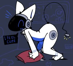 ^w^ anthro belly blue_belly bodily_fluids electrical_plug electricity erection exclamation_point genital_fluids genitals hi_res machine male outlet penis pillow precum protogen silly_imp solo text white_body