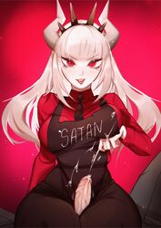 1boy 1girls annbotu apron breasts clothed_female_nude_male cum cumshot demon demon_girl demon_horns female helltaker horns large_breasts long_hair lucifer_(helltaker) male male_pov outercourse pov red_eyes thigh_sex thighs white_hair