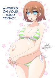 1girls absurdres big_breasts bikini blush breasts cleavage female female_only highres huge_belly large_breasts megaxverse pregnant ready_to_pop solo text