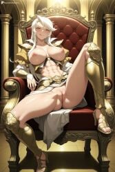 abs ai_generated anus armor asura's_wrath breasts digitalwaifugallery female female_only hi_res high_quality high_resolution large_breasts long_hair looking_at_viewer muscle muscular_female navel nipples patreon pussy sandals seductive sexy shiny sitting smile solo spread_legs thighs throne toned uncensored watermark white_hair