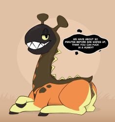 animal_genitalia animal_vulva anus bedroom_eyes cover_paige_(flowerbud) dialogue english_text equine_genitalia equine_vulva farigiraf female feral flowerbud generation_9_pokemon genitals giraffe giraffid hi_res hydra_problems looking_at_viewer lying mammal narrowed_eyes nintendo on_front pokemon pokemon_(species) profanity puffy_anus requesting seductive sex sex_request sharp_teeth side_view sleep_sex sleeping solo teeth text vulva