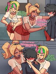 3boys alex_(bodyattk) blonde_hair blush bodyattk comic crossdressing dark-skinned_femboy dark-skinned_male dark_skin dialogue embarrassed erection erection_under_clothes femboy gay girly gyaru male_only original original_character school_uniform teasing text traci_(bodyattk) trap twintails yaoi