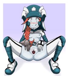 anus blue_skin blush breasts censored female game_freak helmet licking_lips nintendo orange_hair pokemon pokemon_sm pokemon_usm ponytail pussy spread_legs ultra_recon_squad vagina zossie_(pokemon)