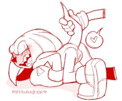 added_anatomy all_fours andromorph anthro anus ass_up blush body_blush boots clothing disembodied_hand dreadlocks echidna embarrassed embarrassing_nudity footwear genitals gloves handwear heart_symbol intersex knuckles_the_echidna looking_at_another looking_back looking_back_at_another mammal meowwabae monochrome monotreme offscreen_character pointed_nose raised_tail sega sharp_teeth shoes signature solo sonic_the_hedgehog_(series) speech_bubble spiked_gloves spikes tail tail_pull teeth tongue vulva vulva_blush