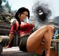 1girls bad_bitch bdo big_ass big_breasts black_desert black_desert_online black_hair braided_ponytail cleavage dark-skinned_female female_only game_screenshot high_heels legs_crossed maegu_(black_desert) midriff miniskirt mmorpg original_character red_eyes sexy skirt smirk smirking_at_viewer spirit thick_thighs voluptuous