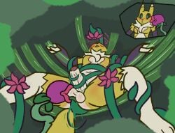 anal anthro ass balls bandai_namco blush bound breasts dazed digimon digimon_(species) featureless_breasts flower furry futanari genitals gynomorph hi_res hypnosis intersex lying mind_control naked nude on_back penis plant renamon spores spread_legs spreading tail tentacle trapknight vines