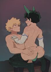 2boys anus ass ass_grab backsack balls_in_panties blonde_hair blush bunny_ears cheesecrumbles fanon_couple freckles gay green_hair izuku_midoriya katsuki_bakugou long_gloves looking_at_another male_only mostly_nude my_hero_academia short_hair spread_anus spread_ass sweat thighhighs thong yaoi