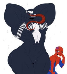 2boys big_ass black_body confused creepy_smile flex human humanoid larger_male long_tongue male male_only marvel monster red_suit size_difference smaller_male smooth_skin sparkles spider-man spider-man_(series) sssonic2 symbiote thick_thighs venom_(marvel) villain white_background wide_hips