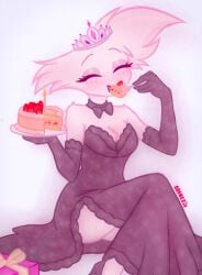 adorable angel_dust_(hazbin_hotel) birthday birthday_cake breasts cake closed_eyes cute cute_face dress gay hazbin_hotel high_quality odenezix princess sfw simple_background sitting spider tagme tiara