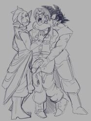 spiciestrice future_trunks trunks_briefs trunks_(dragon_ball) goku_black son_goku zamasu jerkingoff jerkingoff_another masturbating_other choking choke_hold gay 3boys dragon_ball dragon_ball_super embarrassed teamwork clothing clothed