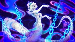 2026 5_fingers anthro apode blue_body blue_markings blue_nipples breasts claws colored digital_drawing_(artwork) digital_media_(artwork) draconcopode eyelashes female fingers floral_markings forked_tongue genitals hair heart_(marking) horn legless long_eyelashes long_tail markings medium_breasts naga nipples non-mammal_breasts non-mammal_nipples nude open_mouth origami-orange reptile scalie serpentine shaded sharp_teeth snake solo tail teeth tongue tongue_out vulva white_body white_hair yellow_eyes
