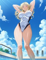 1girls after_exercise after_swimming after_training after_workout ai_generated alternate_hairstyle arched_back arm_support armpits arms_behind_head arms_up athletic athletic_female bible_black bible_black_only big_breasts blonde_hair breasts busty cleavage closed_mouth clothing competition_swimsuit curvy enigmata erect_nipples faithful_to_the_anime female female_only hair_down high_resolution highleg highleg_one-piece_swimsuit large_breasts looking_up loose_hair nipples nipples_visible_through_clothing one-piece_swimsuit pinup pool poolside poses purple_eyes saeki_kaori school_swimsuit see-through see-through_clothing sexually_suggestive sexy sexy_body sexy_pose shiny_skin sidelocks smile solo suggestive swimmer swimsuit tagme teenage_female teenager two-tone_swimsuit uncensored viewed_from_below visible_nipples wet wet_body wet_clothes wet_skin wide_hips
