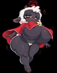 ai_generated barely_clothed bell_collar big_breasts black_body bottomless cloven_hooves cult_of_the_lamb hooves huge_breasts lamb_(cult_of_the_lamb) looking_at_viewer puffy_nipples round_ass sheep shortstack solo thick_thighs white_wool wide_hips wool_(fur) yodayo