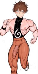 1boy abs ai_generated bara blush brown_eyes brown_hair closed_mouth flaccid foot_out_of_frame kanojo_okarishimasu kinoshita_kazuya large_pectorals leg_up looking_at_viewer male_focus muscular muscular_male nipples pants pectorals penis pixai running shirt shoes short_hair simple_background smile solo sweat testicles thick_thighs thighs uncensored wristband