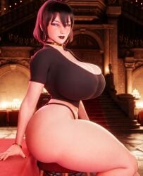 1girls 3d 3d_render alternate_version_available black_hair black_lipstick black_nails black_shirt black_thong bracelet busty curvy curvy_figure female female_only goth_girl hi_res highres hotel_transylvania huge_breasts indoors large_breasts living_room looking_at_viewer mavis_dracula muunsfw naughty_face on_side scrag_mavis seductive_eyes seductive_look sitting thick_thighs