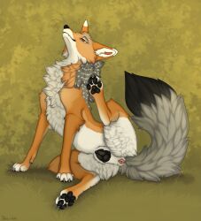 a.o.kigahara_(artist) animal_genitalia animal_vulva artist_collaboration black_nose black_pawpads black_tail_tip black_vulva brown_body brown_fur canid canine canine_genitalia canine_vulva canis claws dipstick_tail female feral fur genitals grey_claws grey_tail hi_res jackal mammal markings pawpads red_eyes scratching solo tail tail_anus tail_markings taka_(artist) vulva whiskers white_body white_fur
