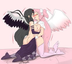 akemi_homura akuma_homura bed bow breast_press clothing female_only fingering french_kiss goddess kissing madoka_kaname mahou_shoujo_madoka_magica puella_magi_madoka_magica stockings ultimate_madoka wings yuri zronku