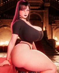 1girls 3d 3d_render alternate_version_available black_hair black_lipstick black_nails black_shirt black_thong bracelet busty curvy curvy_figure female female_only goth_girl hi_res highres hotel_transylvania huge_breasts indoors large_breasts living_room looking_at_viewer mavis_dracula muunsfw naughty_face on_side scrag_mavis seductive_eyes seductive_look sitting thick_thighs