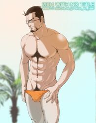 1boy 2004 archived_source blurry_background brown_hair bulge burst_angel dated gay glasses leo_jinno male male_only orange_speedo palm_tree solo speedo tagme with_no_title yaoi