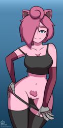 1girls anthro anthrofied blue_eyes breasts cleavage female female_only jigglypuff looking_at_viewer nintendo panties panty_pull phoebe_(theidiotmuffin) pink_hair pink_skin pokemon pokemon_(species) pokemon_rgby pubic_hair pussy seductive solo theidiotmuffin thigh_highs