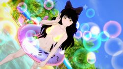 1girls bikini bikini_bottom bikini_top blake_belladonna bow floating half-dressed half_naked half_naked_female logang45 peace_sign rwby solo_female yellow_eyes