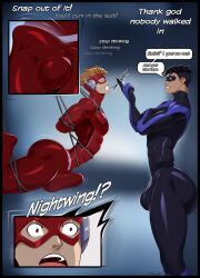 batman_(series) dat_ass dc dc_comics dialogue dick_grayson erection erection_under_clothes fantasizing gasaiv inner_dialogue nightwing rope rope_bondage the_flash the_flash_(series) wally_west