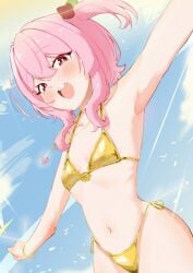 1girls armpits bare_armpits bare_hips bare_shoulders belly_button bikini blush bracelet flower flower_in_hair golden_bikini graduated_vtuber happy hdukl hi_res highres navel necklace nijisanji nijisanji_en pink_hair red_eyes rose_(flower) rosemi_lovelock short_ponytail side_ponytail small_breasts smile smiling solo solo_female solo_focus sunshine swimsuit swimwear tummy virtual_youtuber vtuber youtube youtuber