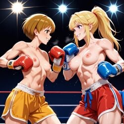 2girls abs ai_generated blonde_hair blue_eyes boxing boxing_gloves boxing_ring breasts brown_eyes brunette_hair crossover final_fantasy_xiv lyse_hext nipples persona_4 ponytail satonaka_chie smiling_at_each_other sparring sweat toned_female topless topless_boxing