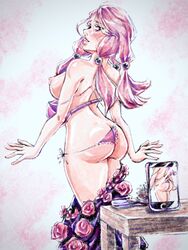 ass black_eyes blush bra breasts half_dressed jojo's_bizarre_adventure jojolion nude panties phone pink_hair yasuho_hirose