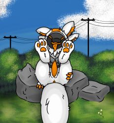3_toes 4_fingers against_surface animal_genitalia anthro anus ass detailed_background feet femboy fingers fluffy fluffy_tail fur genital_slit genitals good_boy hand_on_butt hi_res imminent_sex inner_ear_fluff looking_at_viewer machine male orange_body orange_eyes orange_fur outside outside_sex paws penis presenting presenting_anus presenting_hindquarters presenting_penis presenting_slit protochecker protocheckers protogen requesting seductive sex sex_request slit_penis solo submissive submissive_male tail tapering_penis toes tongue tongue_out tuft white_body