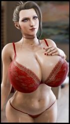 1girls 3d 3d_render bare_shoulders blonde_hair busty curvy curvy_figure feet_out_of_frame female female_only final_fantasy_vii final_fantasy_vii_remake hand_on_own_chest hi_res highres huge_breasts light-skinned_female long_hair looking_at_viewer mature mature_female mature_woman milf mommy navel older_female red_bra red_pupils rekin3d scarlet_(ffvii) square_enix standing tied_hair