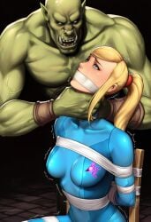 1girl1boy ai_generated blonde_hair bodysuit bondage bound breasts chair_bondage choking dark_background defeated defeated_heroine game_over grabbing_neck helpless helpless_female imminent_rape imminent_sex in_pain metroid monster_on_female orc orc_male orc_on_human ponytail samus_aran scared scared_expression shaking sitting size_difference skin_tight tape_bondage tape_gag trembling zero_suit_samus