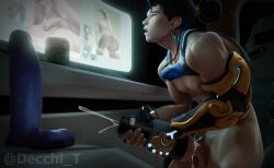 1boy 3d 3d_(artwork) chair cum cumming decchi_t dildo earrings fleshlight gamer_chair hairbun lifted_shirt male male_only no_pants no_underwear overwatch overwatch_2 pantless seated semen solo solo_male twink watching_porn wuyang wuyang_(overwatch) wuyang_ye
