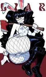 100th_artist_post 1girls axe black_hair boots bunny_ears bunnysuit cameltoe cuffs eyepatch holding_axe holding_object monmaamn orange_eyes tagme twintails white_clothing