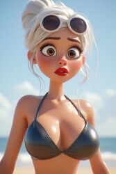 3d ai_generated beach big_breasts bikini curvy_female eyewear_on_head huge_breasts large_breasts original_character pixar_style red_lipstick sunglasses voluptuous white_hair