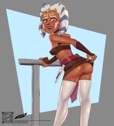 ahsoka_tano alien bandeau barely_visible_genitalia barely_visible_vulva blue_eyes blue_lekku bottomwear bottomwear_pull breasts clothing clothing_pull crop_top female genitals hi_res humanoid legwear lightsaber loincloth looking_back melee_weapon miniskirt not_furry orange_body orange_skin qr_code shirt skirt skirt_pull small_breasts solo star_wars star_wars:_the_clone_wars stockings thepapercat_(artist) thigh_highs togruta topwear tube_top vulva weapon white_lekku