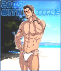 1boy 2005 archived_source bara beach blurry_background blush bulge dated gay male male_only muscular original solo speedo tagme white_speedo with_no_title yaoi