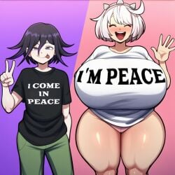 1boy 1boy1girl 1femboy 1girls :d ai_generated black_shirt blue_eyes closed_eyes crack_pairing crack_ship crossover danganronpa danganronpa_v3 elphelt_valentine female femboy femboy_on_female gigantic_breasts guilty_gear guilty_gear_strive huge_breasts innuendo male/female meme_attire novelai ouma_kokichi panties peace_sign purple_eyes purple_hair shirt size_difference slop_gavv smile text_on_clothing text_on_shirt text_on_topwear thick_thighs tongue tongue_out twink voluptuous waving white_hair white_shirt wide_hips