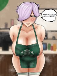 1girls 2d 2d_(artwork) 2d_artwork :( adult adult_female apron_only asking_a_question background bangs bangs_between_eyes bangs_over_one_eye bare_shoulders bare_thighs black_eyes black_headband blush blush_lines blushing_female brawl_stars breasts breasts_out cleavage colette_(brawl_stars) collarbone covered_nipples curvy detailed_background digital_art digital_drawing digital_drawing_(artwork) digital_media digital_media_(artwork) embarrassed embarrassed_female english english_text female female_only front_view frown frowning girl green_apron hair hair_over_one_eye half-closed_eyes headband hips human human_female human_girl human_only light-skinned_female light_skin lineart logo logo_on_clothes looking_away mostly_nude posed satanas shaded shaded_art shaded_face solo solo_focus solo_girl speech speech_bubble squinting standing starbucks starbucks_barista starbucks_meme starbucks_parody starbucks_uniform steam supercell supercell_(company) sweat sweating sweaty text thick_eyelashes thick_hips thigh_highs thighhighs thighs thin_eyebrows vertical_image video_game video_game_character video_games white_hair white_thigh_highs white_thighhighs woman