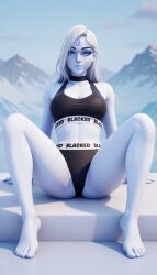 3d ai_generated black_sports_bra blacked blacked_clothing blue_skin eye_contact feet fortnite fortnite:_battle_royale grey_body lady_windfrost looking_at_viewer pov_eye_contact questionable sports_bra sportswear spread_legs toes white_skin